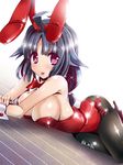  animal_ears black_hair bow bowtie bunny_ears bunny_tail bunnysuit detached_collar kantai_collection long_hair lying miuku_(marine_sapphire) on_stomach pantyhose red_eyes solo taigei_(kantai_collection) tail tongue tongue_out wrist_cuffs 