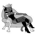  bare_shoulders black_hair breasts carelessdoodler cat cleavage clothed clothing feline female fishnet hair high_heeled_boots looking_at_viewer mammal midriff mirage monochrome simple_background sitting solo white_background 