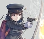  akitsu_maru_(kantai_collection) black_hair daito firing gloves gun handgun hat kantai_collection katana lowres military military_uniform nambu_type_94 peaked_cap pistol shell_casing short_hair solo sword uniform weapon 