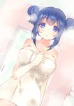  blue_eyes blue_hair breasts cleavage collarbone double_bun emia_wang kantai_collection large_breasts looking_at_viewer naked_towel sketch solo souryuu_(kantai_collection) towel 
