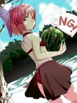  alternate_costume bad_id bad_twitter_id bikini bow cape food fruit hair_bow red_eyes red_hair sanwa_(koyabu2171) sekibanki short_hair skirt solo swimsuit touhou water watermelon 