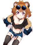  :p animal_ears bear_ears belt breasts brown_hair collarbone commentary_request downblouse eyewear_on_head garter_belt girls_frontline grizzly_mkv_(girls_frontline) looking_at_viewer midriff navel nikke_(cherish) nipple_slip nipples no_bra purple_eyes shirt short_hair shorts simple_background sitting small_breasts solo sunglasses thighhighs tongue tongue_out white_background younger 