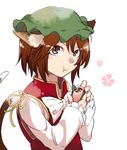  animal_ears bad_id bad_twitter_id brown_hair cat_ears cat_tail chen daifuku eating food hat sanwa_(koyabu2171) short_hair solo tail touhou 