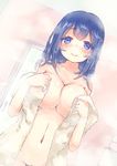  blue_eyes blue_hair blush breasts cleavage collarbone emia_wang hair_down kantai_collection large_breasts looking_at_viewer naked_towel navel sketch solo souryuu_(kantai_collection) towel 