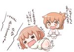  =_= alternate_costume ass brown_eyes brown_hair commentary_request drooling fang folded_ponytail ikazuchi_(kantai_collection) inazuma_(kantai_collection) kantai_collection kotanu_(kotanukiya) long_hair multiple_girls nanodesu_(phrase) open_mouth ponytail short_hair sleeping translated wavy_mouth younger 