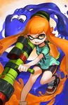  bazooka bike_shorts collaboration domino_mask fangs green_shirt highres ink_tank_(splatoon) inkling inkzooka_(splatoon) ishutani long_hair looking_at_viewer mask naso4 open_mouth orange_eyes orange_hair paint_splatter pointy_ears shirt shoes short_hair_with_long_locks shoulder_cannon sidelocks sneakers solo splatoon_(series) splatoon_1 squid tentacle_hair weapon 