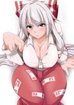  blush bow breasts cleavage curvy eyelashes from_above fujiwara_no_mokou hair_bow hair_ribbon highres hips large_breasts long_hair matsura_(nagatosan) pants red_eyes ribbon silver_hair solo suspenders suspenders_pull thick_thighs thighs touhou very_long_hair white_hair wide_hips 