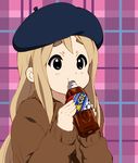  1girl bad_moon blonde_hair blue_eyes bottle hat k-on! k-on!_movie kotobuki_tsumugi long_hair plaid_background solo 