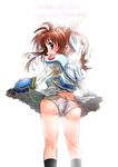  artist_request ass blue_eyes blush brown_hair butt_crack fingerless_gloves from_behind gloves hair_ribbon long_hair looking_back lyrical_nanoha magical_girl mahou_shoujo_lyrical_nanoha mahou_shoujo_lyrical_nanoha_strikers masamu_(leonore69) open_mouth panties ribbon shiny shiny_clothes shiny_skin simple_background skirt skirt_hold skirt_lift solo takamachi_nanoha twintails underwear 