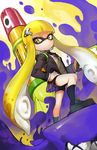  bike_shorts black_legwear blazer blonde_hair collaboration domino_mask hair_ornament hairclip hand_on_hip highres inkling inkstrike_(splatoon) ishutani jacket loafers long_hair looking_at_viewer mask naso4 necktie paint_splatter pointy_ears school_uniform shoes short_hair_with_long_locks sidelocks skirt solo splatoon_(series) splatoon_1 squid sweater_vest tentacle_hair x_x yellow_eyes 