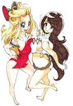  agnes_oblige arm_around_waist barefoot black_hair blonde_hair blue_eyes blush bravely_default:_flying_fairy bravely_default_(series) breast_press breasts brown_eyes butt_crack cleavage edea_lee full_body hair_ornament hand_on_hip long_hair multiple_girls one-piece_swimsuit rafchu red_swimsuit swimsuit symmetrical_docking tankini white_swimsuit 