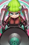  aqua_eyes aqua_hair collaboration domino_mask fangs hat highres inkling ishutani jacket killer_wail_(splatoon) long_hair looking_at_viewer mask naso4 open_mouth paint_splatter pointy_ears smile solo speaker splatoon_(series) splatoon_1 tentacle_hair track_jacket 