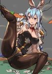  animal_ears black_legwear blue_hair blush bow bowtie breasts bunny_ears carrot cleavage detached_collar fake_animal_ears gloves granblue_fantasy highres holding jacket_on_shoulders katsudansou large_breasts long_hair pantyhose purple_eyes sexually_suggestive solo spread_legs tears therese_(granblue_fantasy) white_gloves 