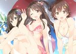  :d ;d absurdres adapted_costume barefoot beach_umbrella bikini black_gothic_dress_(idolmaster) blue_gk breasts brown_eyes brown_hair cleavage earrings feathers feet flower frilled_bikini frills front-tie_top green_eyes hair_feathers hair_flower hair_ornament hair_ribbon hand_gesture highres honda_mio idolmaster idolmaster_cinderella_girls jewelry medium_breasts multiple_girls one_eye_closed one_side_up open_mouth pink_check_school plaid plaid_bikini print_bikini ribbon shibuya_rin shimamura_uzuki short_hair side-tie_bikini smile soles star star_print sunlight sunset_nostalgie swimsuit toes transparent umbrella underboob v 