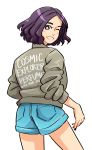  1girl ass blue_shorts blush brown_jacket earrings highres jacket jewelry long_sleeves looking_back looking_to_the_side perfume pocket purple_eyes purple_hair short_hair shorts solo stephanie_shih 