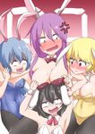  @_@ anger_vein animal_ears asphyxiation bangs black_hair black_legwear blonde_hair blood blue_hair blush bow breasts bunny_ears bunny_girl bunnysuit choke_hold cleavage commentary_request constricted_pupils elbowing eyes_visible_through_hair flat_chest floppy_ears full-face_blush hair_ribbon headlock highres inaba_tewi large_breasts long_hair looking_at_another looking_down multiple_girls open_mouth pantyhose ponytail punching purple_hair red_eyes reisen_udongein_inaba ribbon ringo_(touhou) rolling_eyes saliva seiran_(touhou) shaded_face short_hair strangling takorice teeth touhou very_long_hair wavy_mouth wrist_cuffs 