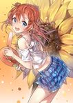  blue_eyes bow bra_strap braid breasts brown_hair fan floral_background flower food hair_bow hair_ornament hairpin highres holding holding_fan kousaka_honoka looking_at_viewer looking_back love_live! love_live!_school_idol_project medium_breasts off_shoulder one_side_up open_mouth paper_fan popsicle red_bow shirt short_hair short_sleeves side_braid skirt smile solo sunflower t-shirt uchiwa white_shirt yellow_bow yuran 
