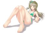  bad_feet bangs bare_legs barefoot bikini bow brown_eyes brown_hair full_body green_bikini green_bow grey_hair hair_bow halterneck long_hair love_live! love_live!_school_idol_project lying minami_kotori muffin_(sirumeria) on_back one_side_up solo swimsuit white_background 