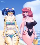  2015 absurd_res anthro beach big_breasts bikini blue_eyes blue_hair breasts canine cleavage clothed clothing dog duo erect_nipples feline female golden_tiger hair hand_holding hi_res mammal nipples outside pink_hair plankboy purple_eyes rosa samantha seaside swimsuit tiger water 