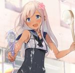  akinashi_yuu breasts flower hair_flower hair_ornament kantai_collection long_hair one-piece_swimsuit open_mouth ro-500_(kantai_collection) school_swimsuit school_uniform serafuku shower_head small_breasts solo swimsuit tan 