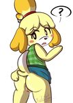  2015 animal_crossing anthro blush butt canine clothed clothing dog female fur hair isabelle_(animal_crossing) mammal nintendo open_mouth prettypurple pussy shih_tzu solo video_games yellow_fur 