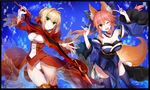  aestus_estus ahoge animal_ears bad_id bad_pixiv_id bare_shoulders blonde_hair blue_legwear bow breasts cleavage detached_sleeves dress epaulettes fang fate/extra fate_(series) fox_ears fox_girl fox_shadow_puppet fox_tail gold_trim green_eyes hair_bow hair_ribbon japanese_clothes large_breasts medium_breasts multiple_girls nero_claudius_(fate) nero_claudius_(fate)_(all) one_eye_closed open_mouth pink_hair ribbon shirako_miso smile sword tail tamamo_(fate)_(all) tamamo_no_mae_(fate) thighhighs twintails underbust weapon yellow_eyes 
