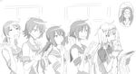  bangs birii blunt_bangs braiding_hair eating food fubuki_(kantai_collection) gloves greyscale hair_brush hair_brushing hair_ribbon hairdressing hatsuyuki_(kantai_collection) isonami_(kantai_collection) kantai_collection long_hair low_twintails miyuki_(kantai_collection) monochrome mouth_hold multiple_girls murakumo_(kantai_collection) neck_ribbon newspaper nose_bubble not_present odd_one_out remodel_(kantai_collection) ribbon saliva shirayuki_(kantai_collection) short_hair short_ponytail sleep_mask sleeping toast tress_ribbon twintails zzz 