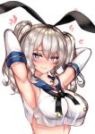  1girl alternate_costume armpits arms_behind_head bare_shoulders blue_eyes blush breasts colored_eyelashes cosplay elbow_gloves gloves hibi_(grangcat) highres kantai_collection kashima_(kantai_collection) large_breasts long_hair looking_at_viewer midriff navel no_bra pink_lips sailor_collar school_uniform see-through serafuku shimakaze_(kantai_collection) shimakaze_(kantai_collection)_(cosplay) sidelocks silver_hair solo stomach tsurime twintails upper_body wavy_hair white_background white_gloves 