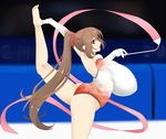  ass bare_shoulders breasts brown_hair gigantic_breasts gradient gradient_background gymnast leotard long_hair looking_at_viewer open_mouth purple_eyes ribbon simple_background smile solo twintails tworship 