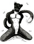  2015 absurd_res anthro balls bdsm black_fur bound cat feline front_view fully_sheathed fur guppy hi_res kneeling looking_at_viewer male mammal mask monochrome muscles nude pecs penis razor-the-cross-fox rubber sheath simple_background smile solo toned video_games white_background 