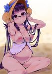  babydoll blush breasts glasses harurun hat large_breasts lingerie long_hair looking_at_viewer nipples original panties pregnant purple_hair red_eyes sitting solo sun_hat underwear yokozuwari 