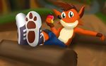  2013 bandicoot clothed clothing crash_bandicoot crash_bandicoot_(series) footwear forest half-dressed jungle looking_at_viewer lounge lu123 male mammal marsupial shoes sitting smile solo topless tree video_games 