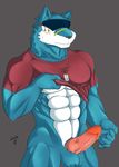  abs anthro balls bulge canine clothed clothing cum cum_on_penis digimon erection fur half-dressed looking_down machgaogamon male mammal manly muscles navel necklace nipples pecs penis precum shinobiya shirt solo standing thick_penis vein veiny_penis wolf 