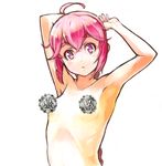  :&lt; ahoge arms_up blush braid breasts censored chikuwa_(tks) kantai_collection long_hair looking_at_viewer nenohi_(kantai_collection) novelty_censor nude pink_hair purple_eyes ribs single_braid small_breasts solo upper_body 
