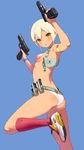  aida_takanobu ammunition armpits ass bad_id bad_twitter_id bare_shoulders belt_pouch blue_background breasts dual_wielding from_side gun handgun holding holster open_mouth orange_skin original panties pasties pistol pouch shoes short_hair sideboob simple_background small_breasts solo tan underwear weapon white_hair white_panties wristband yellow_eyes 