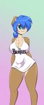  big_breasts blue_eyes blue_hair bottomless breasts brown_fur chest_tuft cleavage clothed clothing female freckles fur hair half-dressed huge_breasts looking_at_viewer mammal mastergodai rally_ryder rodent shirt smile squirrel thick_thighs tuft wide_hips 