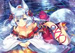  animal_ears barefoot blue_eyes blush breasts capura_lin cleavage detached_sleeves erune fan folding_fan granblue_fantasy hair_ribbon large_breasts long_hair looking_at_viewer md5_mismatch ponytail ribbon silver_hair socie_(granblue_fantasy) solo tail very_long_hair water wolf_ears wolf_tail 