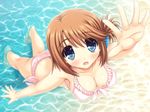 :o aoi_akua bikini blue_eyes brown_hair folded_ponytail foreshortening frilled_bikini frills from_above front-tie_top hand_up komaki_manaka looking_at_viewer short_hair solo swimsuit to_heart_2 wading 