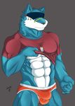  abs anthro bulge canine clothed clothing digimon fur half-dressed looking_down machgaogamon male mammal manly muscles navel necklace nipples pecs shinobiya shirt solo standing underwear wolf 