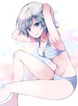  anastasia_(idolmaster) armpits arms_up bikini blue_eyes breasts haruse_hiroki idolmaster idolmaster_cinderella_girls medium_breasts short_hair silver_hair smile solo striped striped_bikini swimsuit 