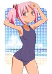  flat_chest kaname_madoka mahou_shoujo_madoka_magica one-piece_swimsuit pink_eyes pink_hair qm school_swimsuit short_hair solo standing swimsuit tan twintails 