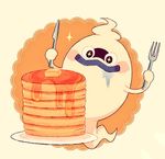  blush butter food fork ghost knife no_humans pancake plate purple_lips simple_background solo sparkle sparkling_eyes stack_of_pancakes syrup whisper_(youkai_watch) youkai youkai_watch 