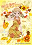  barefoot blonde_hair blush character_name cocktail company_name copyright_name dress drill_hair drink drinking_straw floral_print flower food fruit gears hair_flower hair_ornament highres leaf lei long_hair mahou_shoujo_madoka_magica official_art smile solo sundress tomoe_mami tropical tropical_drink twin_drills twintails yellow_eyes 