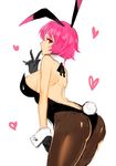 animal_ears apt ass bare_back black_gloves black_legwear blush breasts brown_legwear bunny_ears bunny_girl bunny_tail bunnysuit detached_collar gloves heart heart_background large_breasts looking_at_viewer looking_back original pantyhose pink_hair red_eyes short_hair solo tail wrist_cuffs 
