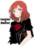  arcade_stick blush commentary_request controller game_controller hiya_(dkr) joystick love_live! love_live!_school_idol_project mad_catz nishikino_maki product_placement purple_eyes red_hair shirt short_hair solo t-shirt upper_body 