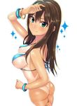  aqua_bikini ashita_(2010) ass bad_id bad_twitter_id bikini bottomless breasts brown_hair green_eyes idolmaster idolmaster_cinderella_girls long_hair medium_breasts one-piece_tan shibuya_rin slingshot_swimsuit solo swimsuit tan tanline 