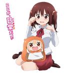  animal_costume artist_request blonde_hair blush breasts brown_eyes brown_hair chibi doma_umaru ebina_nana hamster_costume highres himouto!_umaru-chan komaru long_hair medium_breasts multiple_girls official_art open_mouth paw_pose smile transparent_background twintails wavy_mouth 