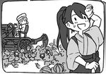  2girls blush_stickers farming food fruit gloves greyscale houshou_(kantai_collection) japanese_clothes kantai_collection kimono long_hair machinery mikoyan monochrome multiple_girls ponytail solid_circle_eyes sweat tomato tractor watermelon wiping_forehead z3_max_schultz_(kantai_collection) 