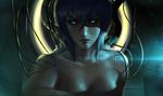  blue_eyes breasts collarbone cyborg ghost_in_the_shell glowing glowing_eyes gradient gradient_background kusanagi_motoko looking_at_viewer nude out-of-frame_censoring out_of_frame_censoring purple_hair raikoart short_hair solo upper_body wire wires 