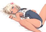 arched_back blonde_hair blue_eyes blush breasts flower fueru_nattou hair_flower hair_ornament kantai_collection long_hair looking_at_viewer one-piece_swimsuit ro-500_(kantai_collection) sailor_collar school_swimsuit school_uniform small_breasts smile solo spread_legs swimsuit swimsuit_under_clothes tan tanline 